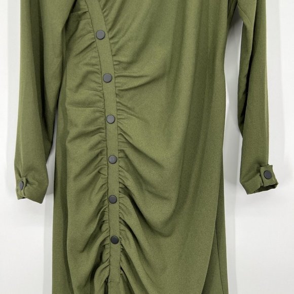 Zara Dress Green Button Front Crepe Long Sleeve Draped Midi - Picture 4 of 11